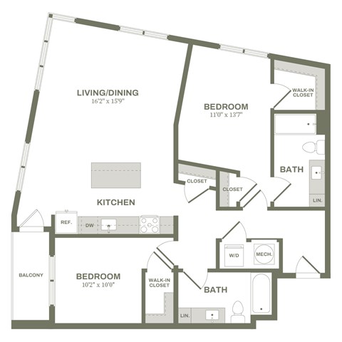 Floor plan for 2 beds, 2 baths, 1113 sqft